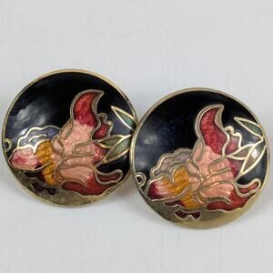Vtg Enamel Floral Round Post Earrings Black Red Gold Art Nouveau Style Cloisonné
